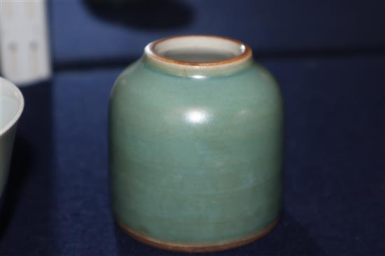 A Chinese blue and white tea bowl and a Chinese green glazed ink pot tallest 6cm